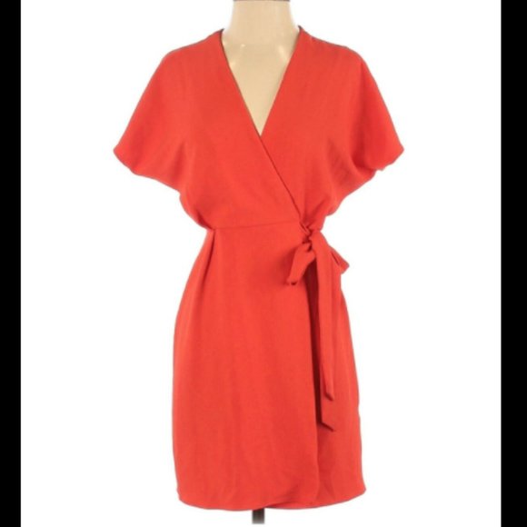Topshop Bright Coral Crepe Tie Wrap Dress Petite 0 - Picture 2 of 5